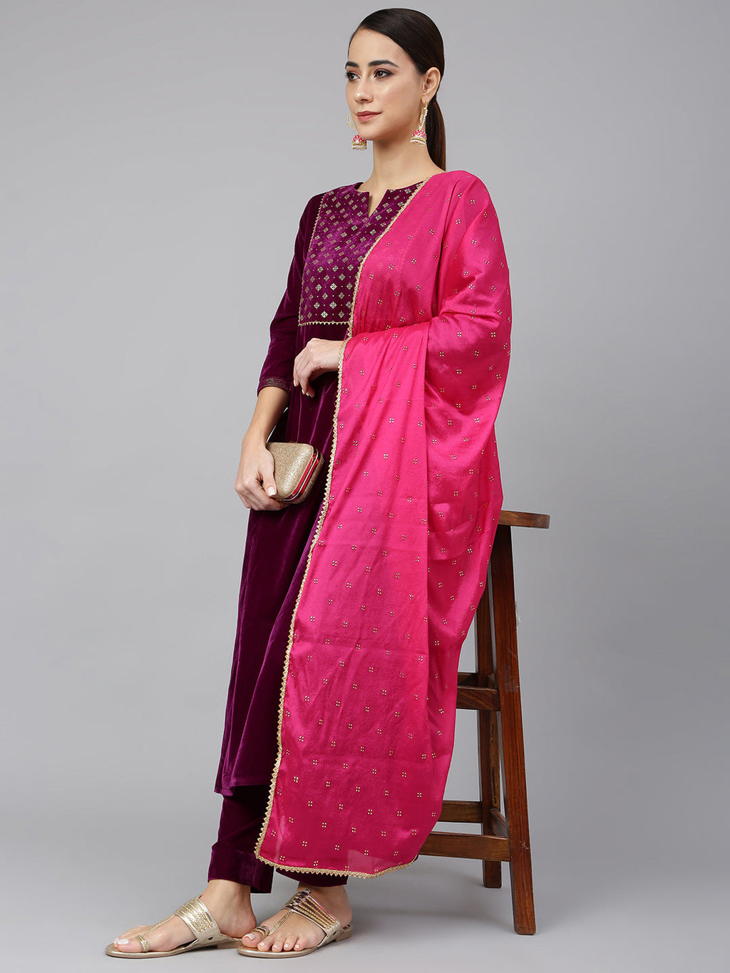 Janasya Women's Purple Velvet Solid Kurta With Pant And Dupatta - Distacart