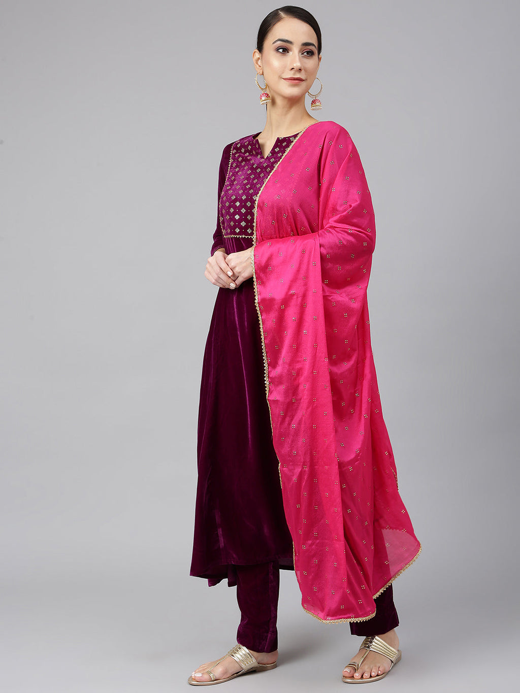 Janasya Women's Purple Velvet Solid Kurta With Pant And Dupatta - Distacart