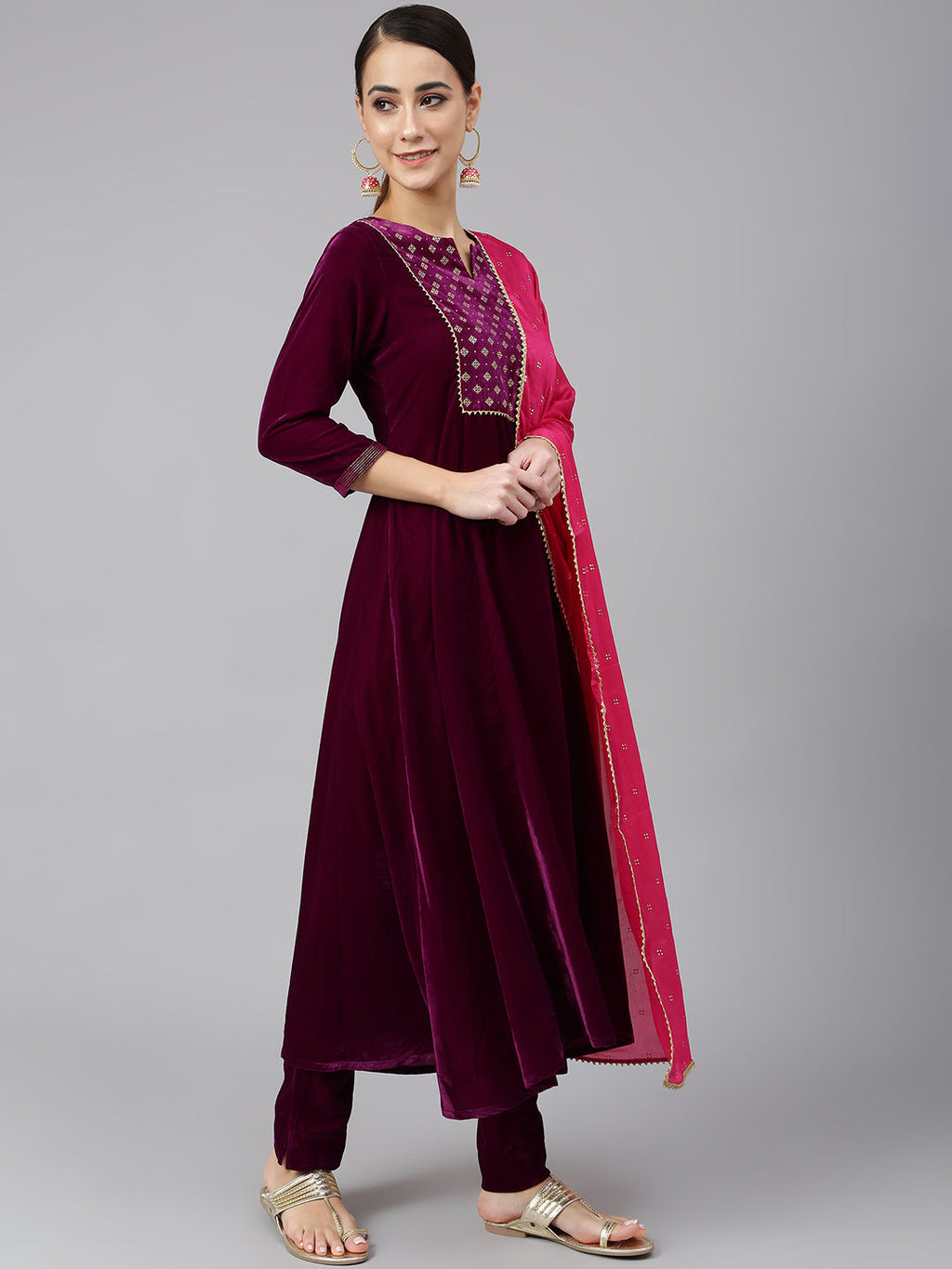 Janasya Women's Purple Velvet Solid Kurta With Pant And Dupatta - Distacart
