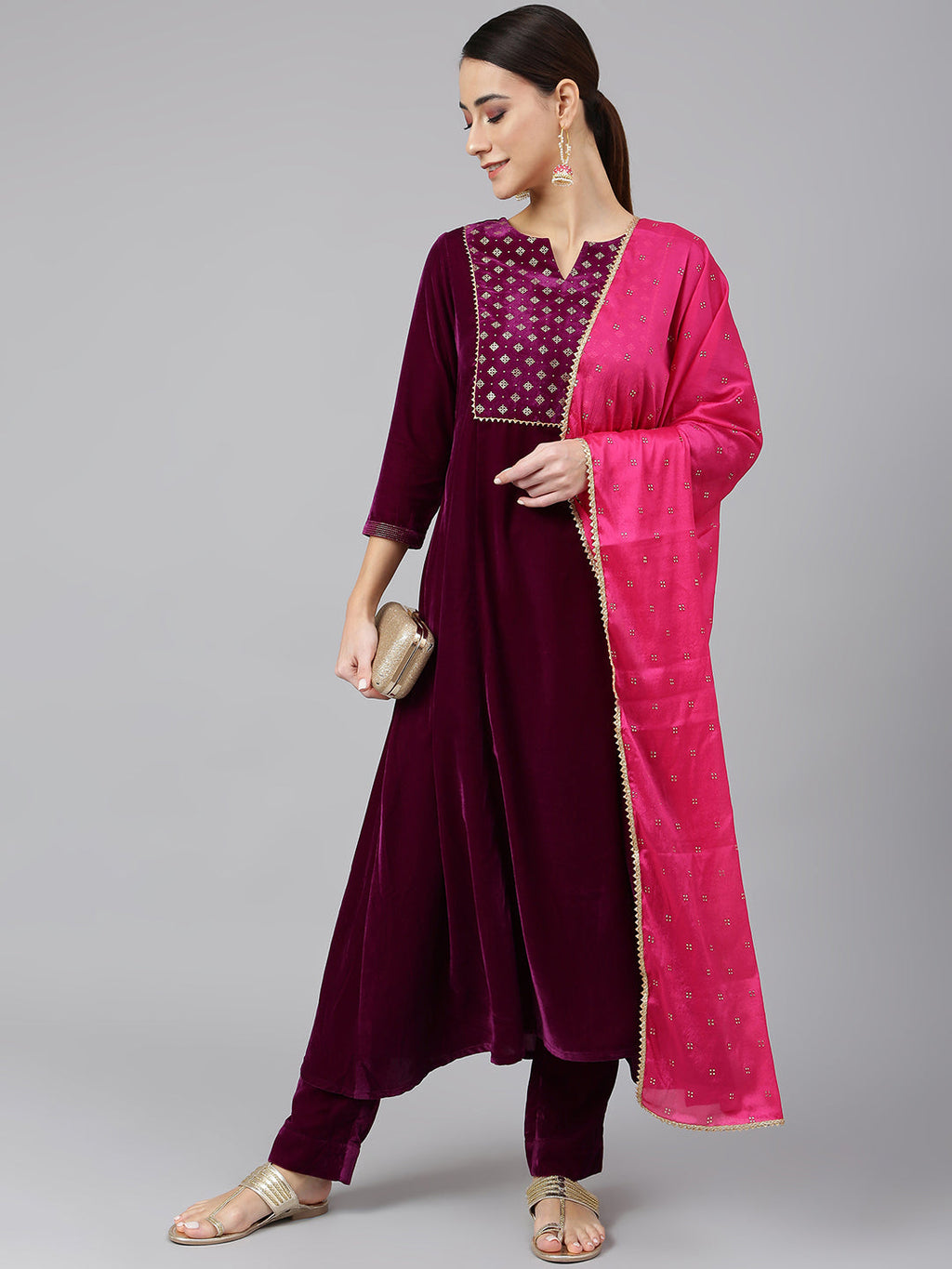 Janasya Women's Purple Velvet Solid Kurta With Pant And Dupatta - Distacart