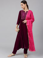 Janasya Women's Purple Velvet Solid Kurta With Pant And Dupatta - Distacart