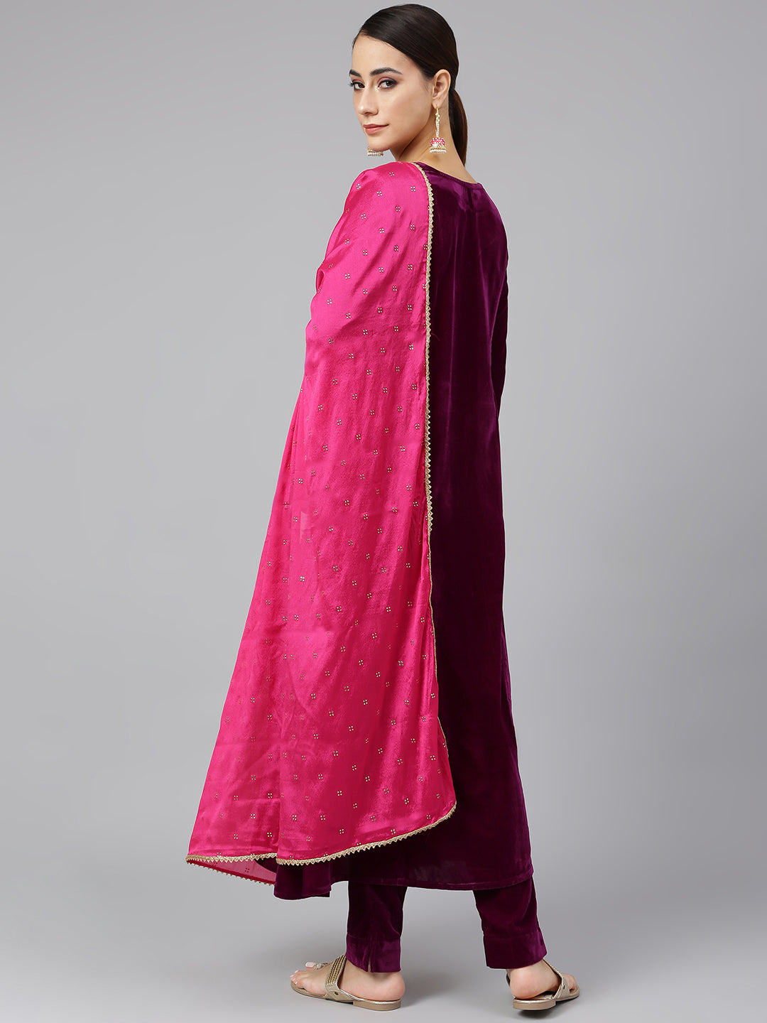 Janasya Women's Purple Velvet Solid Kurta With Pant And Dupatta - Distacart