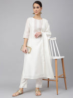 Janasya Women's White Poly Silk Solid Kurta With Pant And Dupatta - Distacart