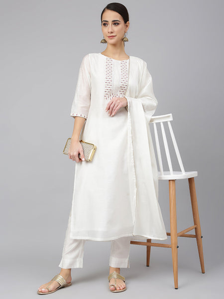 Janasya Women's White Poly Silk Solid Kurta With Pant And Dupatta