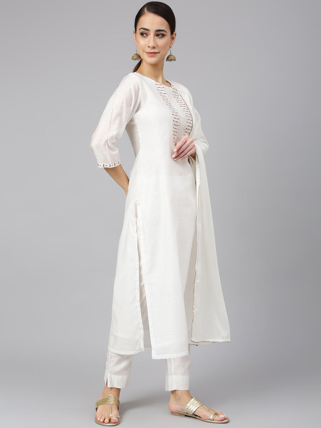 Janasya Women's White Poly Silk Solid Kurta With Pant And Dupatta - Distacart
