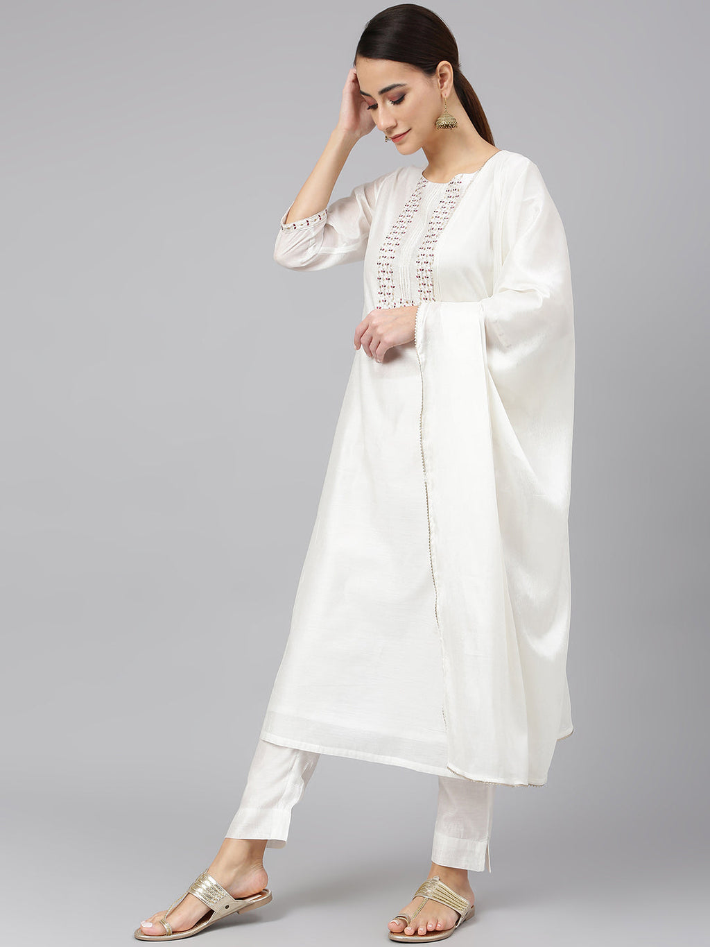 Janasya Women's White Poly Silk Solid Kurta With Pant And Dupatta - Distacart