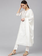 Janasya Women's White Poly Silk Solid Kurta With Pant And Dupatta - Distacart