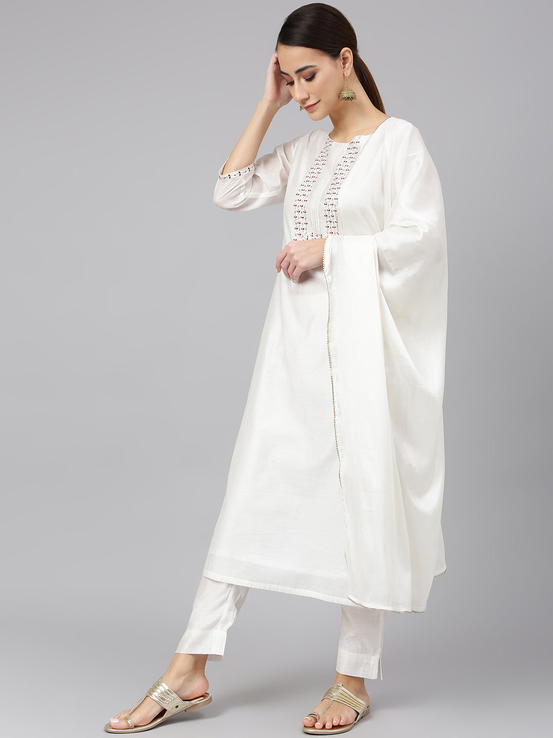 Janasya Women's White Poly Silk Solid Kurta With Pant And Dupatta - Distacart