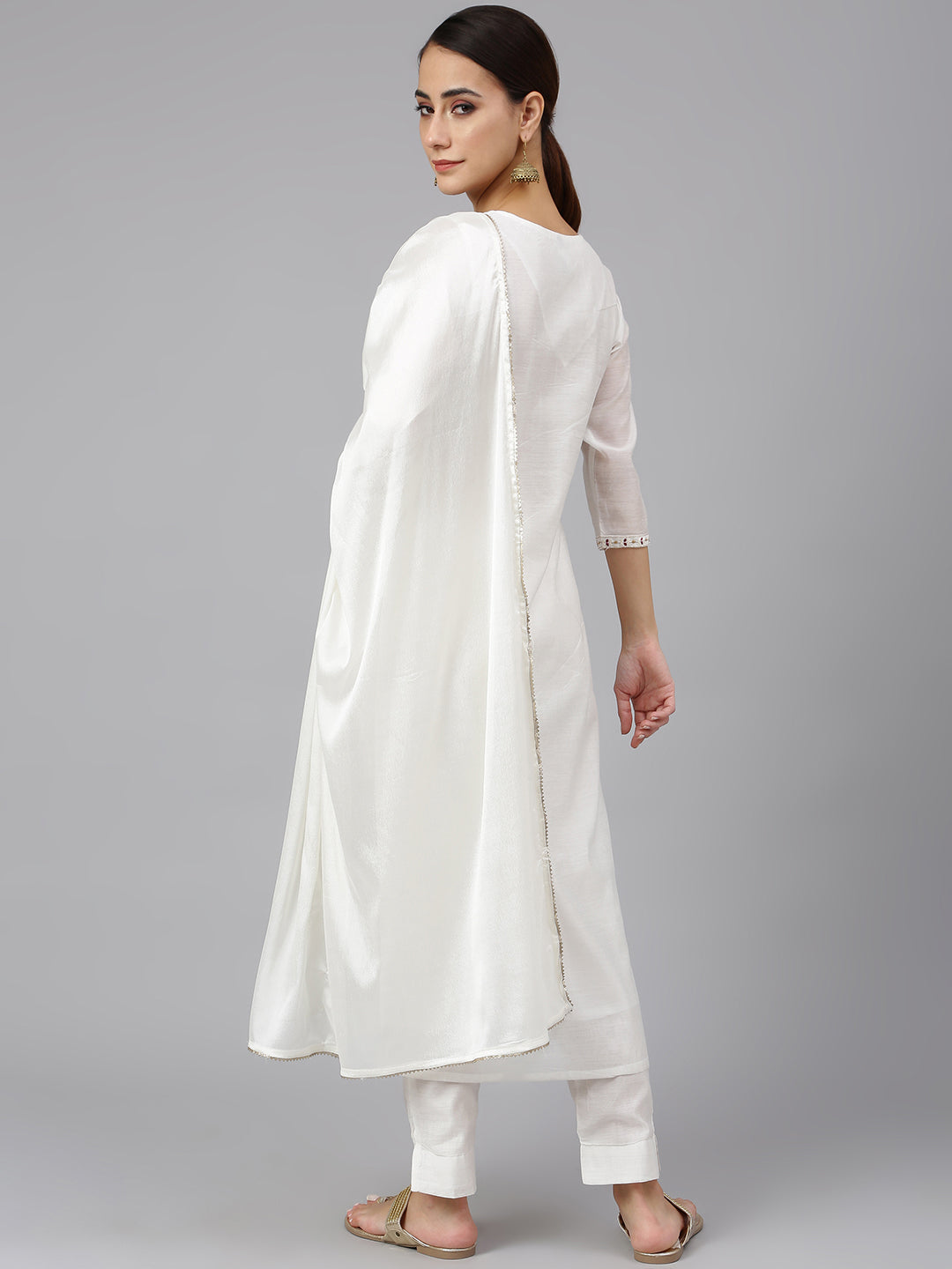 Janasya Women's White Poly Silk Solid Kurta With Pant And Dupatta - Distacart