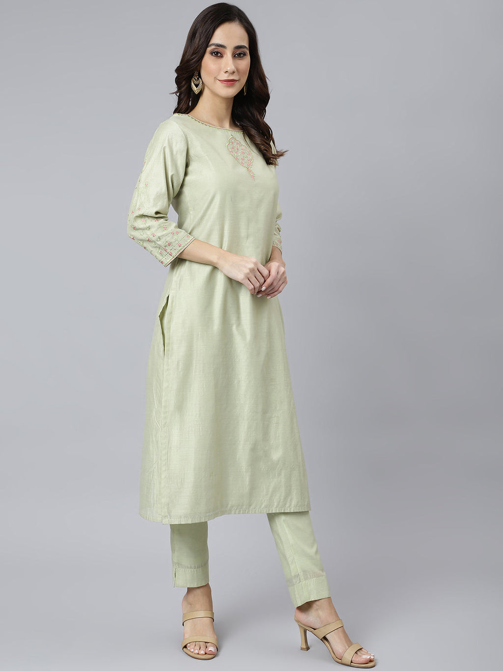 Janasya Women's Sea Green Poly Silk Solid Kurta With Pant And Dupatta - Distacart