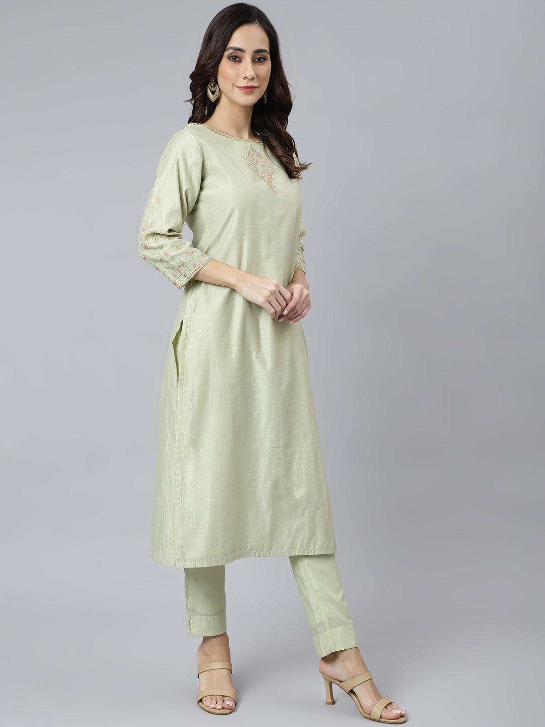 Janasya Women's Sea Green Poly Silk Solid Kurta With Pant And Dupatta - Distacart