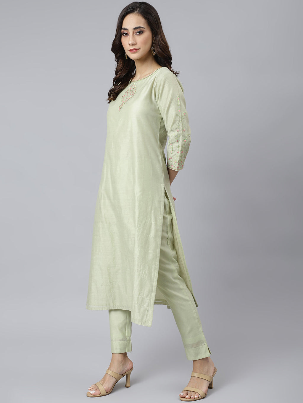 Janasya Women's Sea Green Poly Silk Solid Kurta With Pant And Dupatta - Distacart