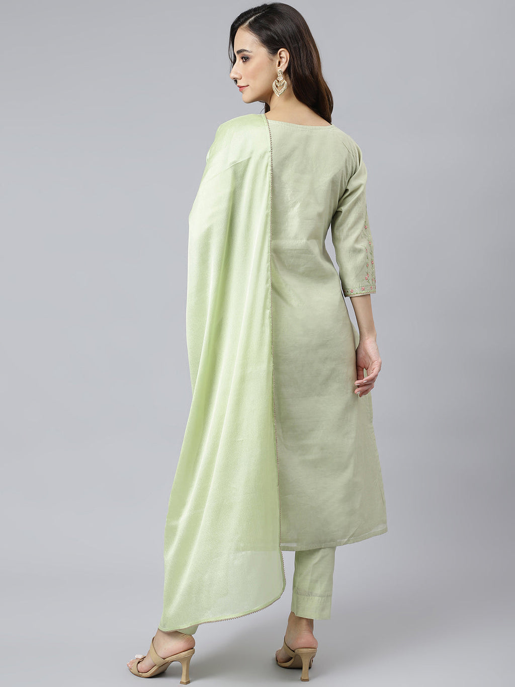 Janasya Women's Sea Green Poly Silk Solid Kurta With Pant And Dupatta - Distacart
