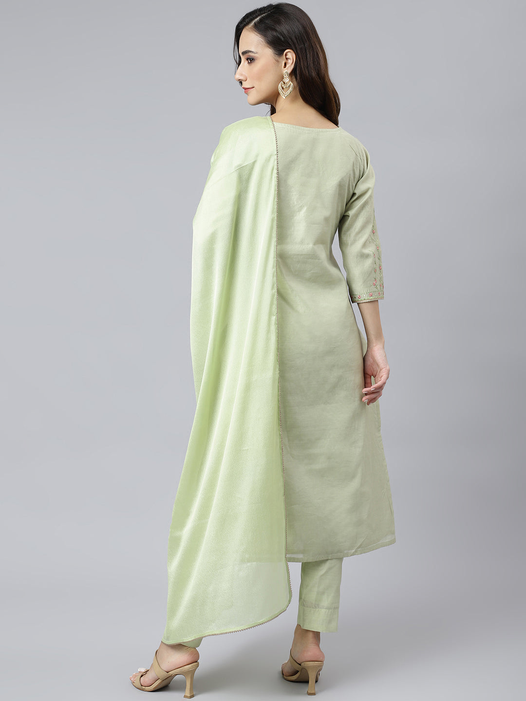 Janasya Women's Sea Green Poly Silk Solid Kurta With Pant And Dupatta - Distacart