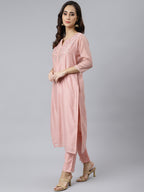 Janasya Women's Baby Pink Poly Silk Solid Kurta With Pant And Dupatta - Distacart