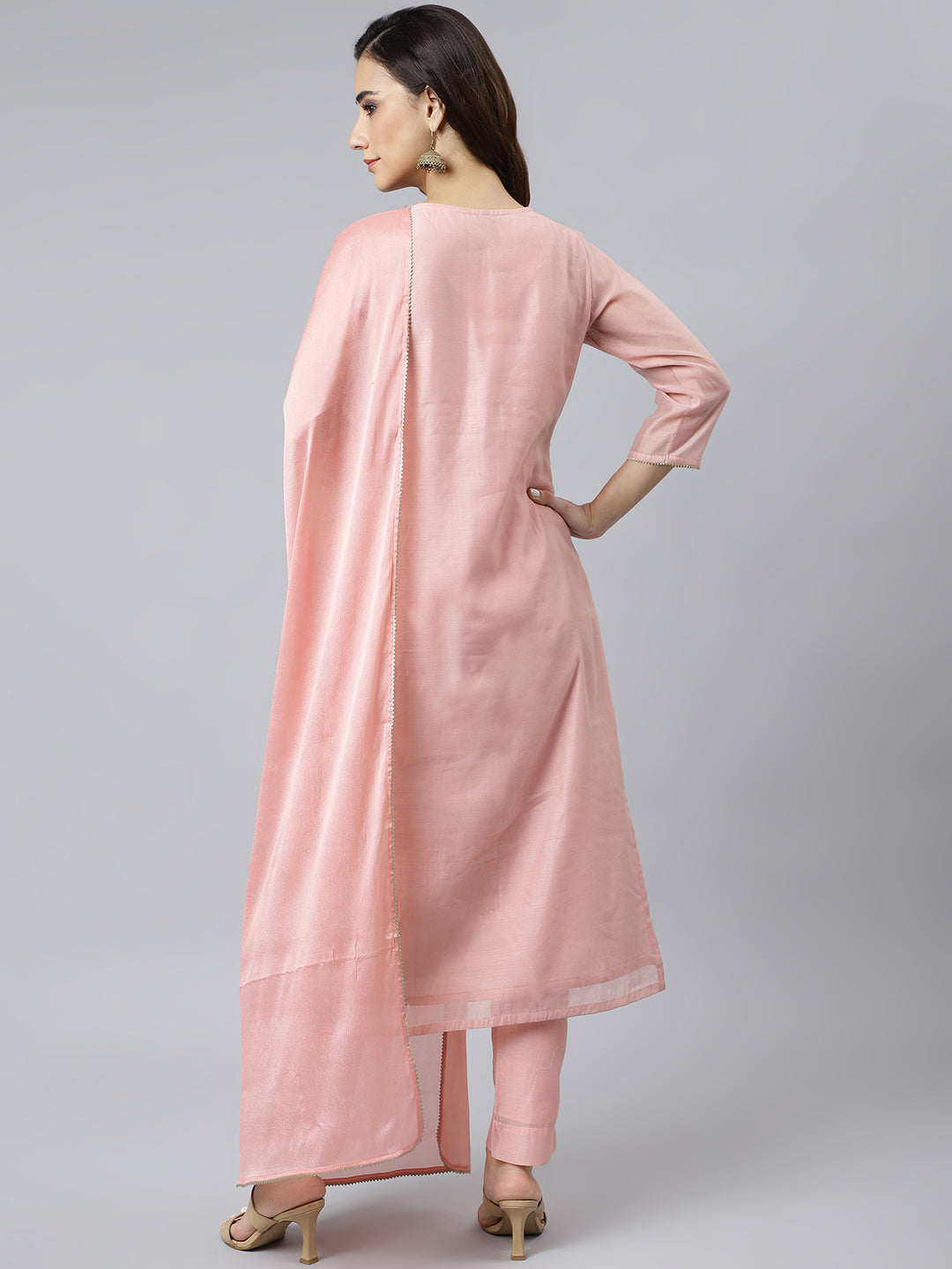 Janasya Women's Baby Pink Poly Silk Solid Kurta With Pant And Dupatta - Distacart