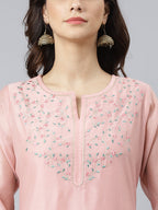 Janasya Women's Baby Pink Poly Silk Solid Kurta With Pant And Dupatta - Distacart