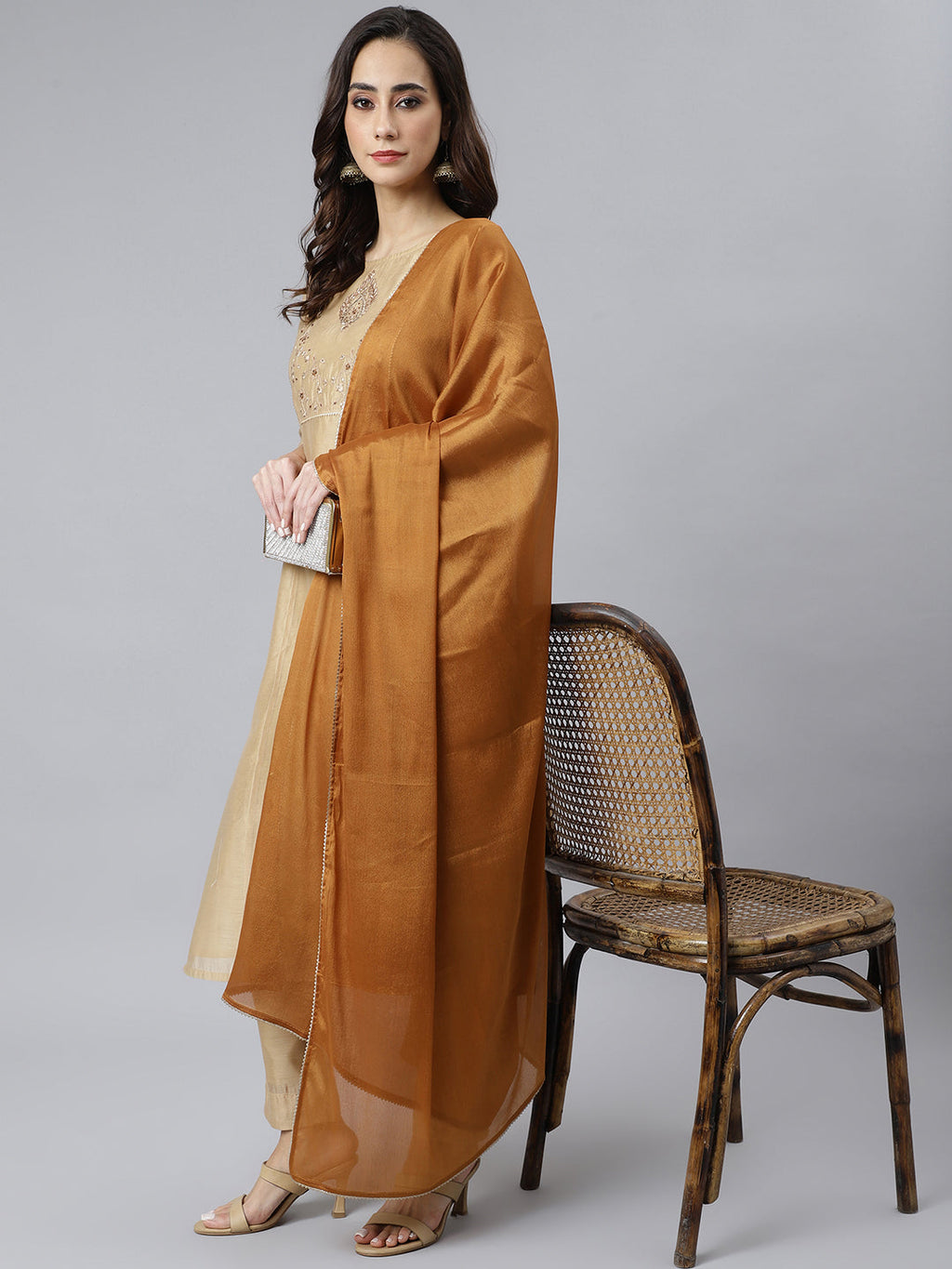Janasya Women's Beige Chanderi Silk Solid Kurta With Pant And Dupatta - Distacart