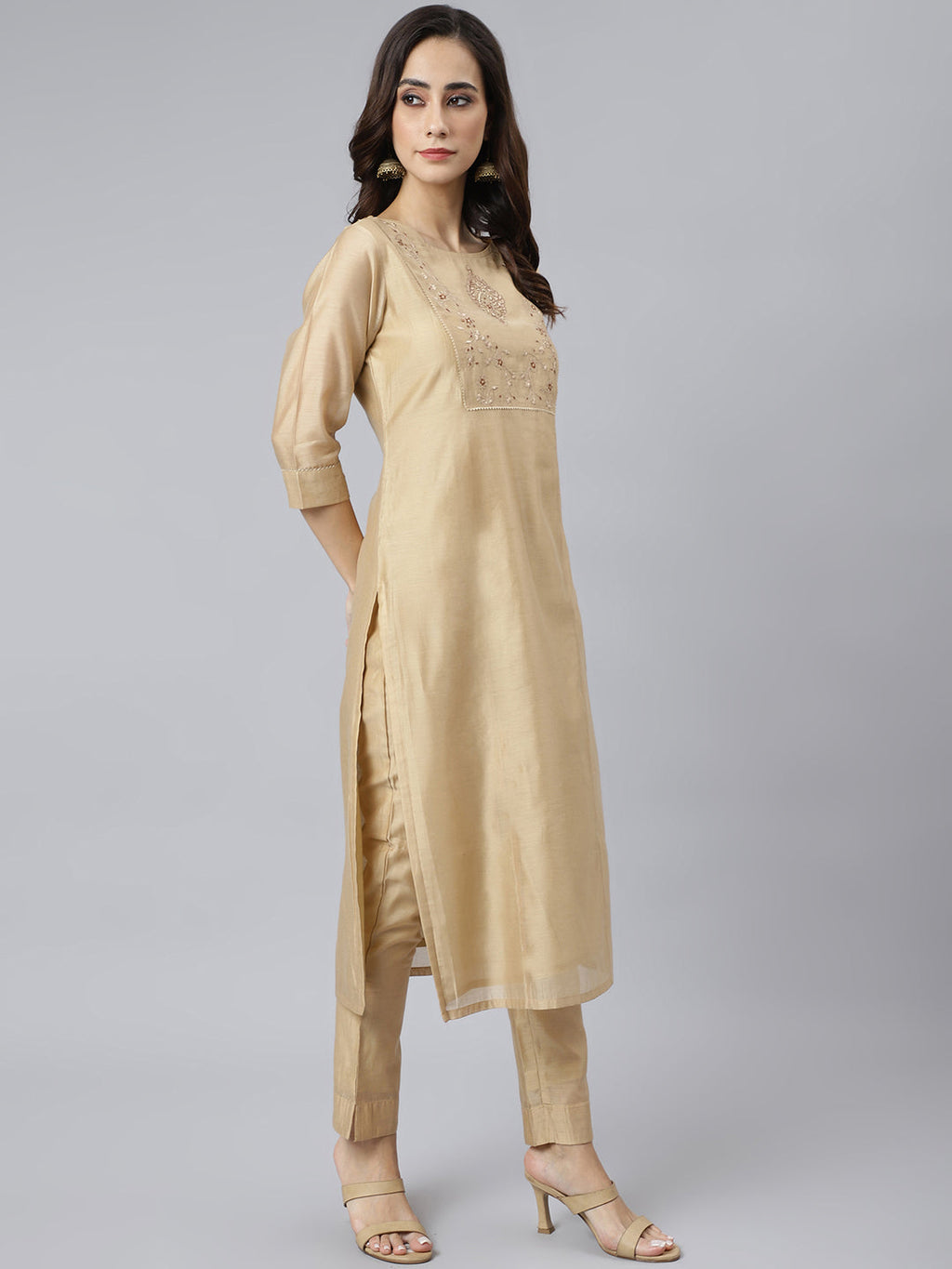 Janasya Women's Beige Chanderi Silk Solid Kurta With Pant And Dupatta - Distacart