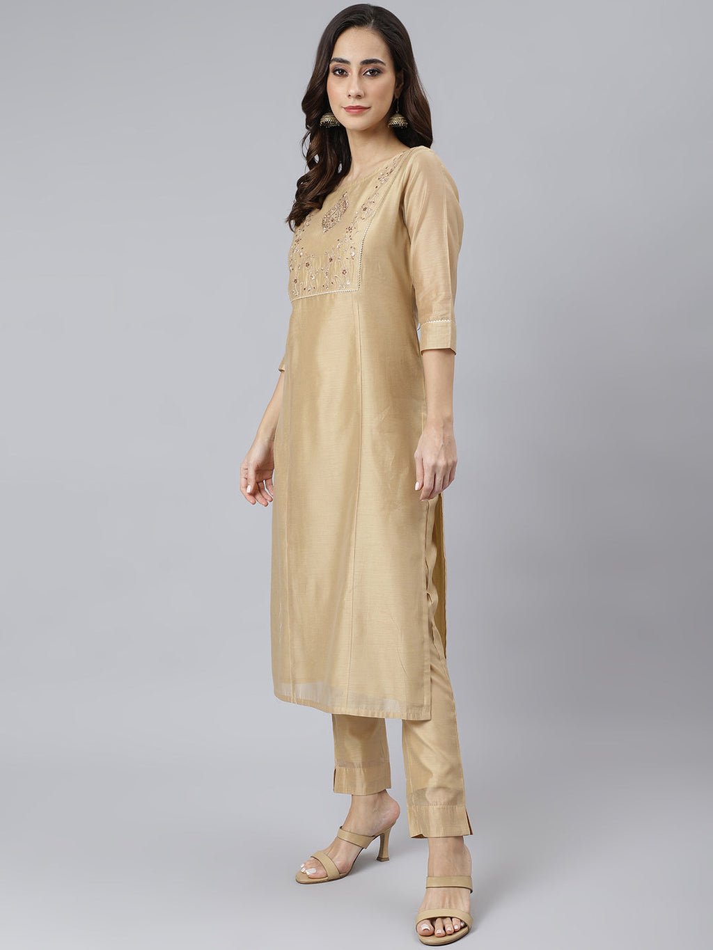 Janasya Women's Beige Chanderi Silk Solid Kurta With Pant And Dupatta - Distacart