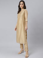 Janasya Women's Beige Chanderi Silk Solid Kurta With Pant And Dupatta - Distacart