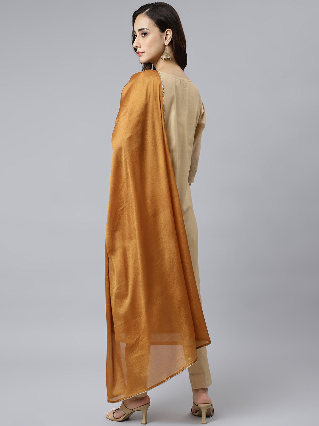 Janasya Women's Beige Chanderi Silk Solid Kurta With Pant And Dupatta - Distacart