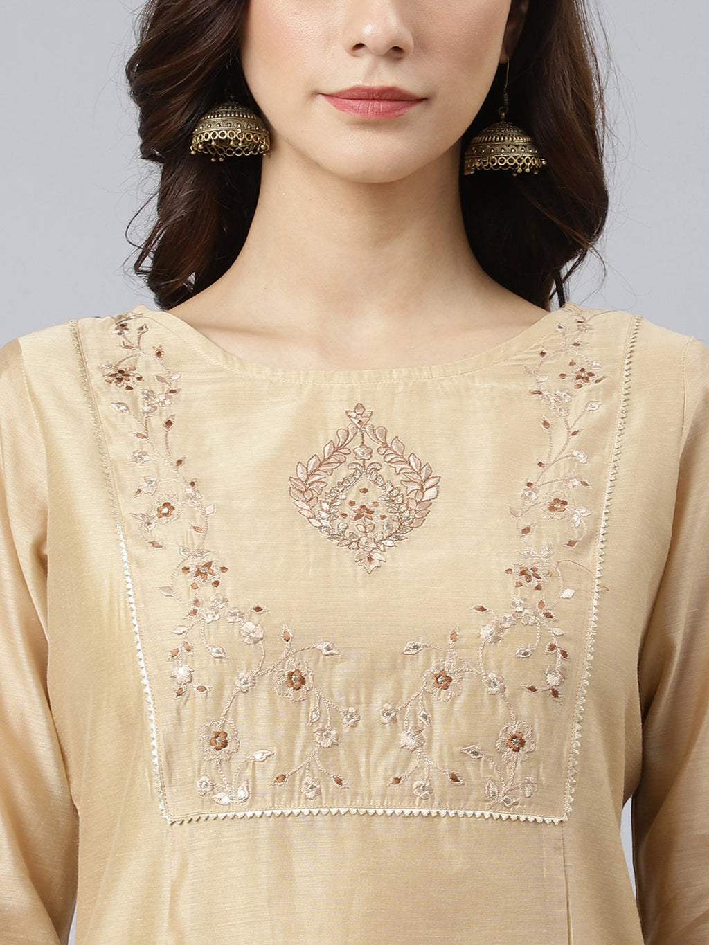 Janasya Women's Beige Chanderi Silk Solid Kurta With Pant And Dupatta - Distacart