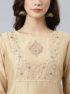 Janasya Women's Beige Chanderi Silk Solid Kurta With Pant And Dupatta - Distacart