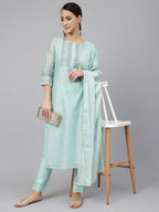 Janasya Women's Sea Blue Chanderi Silk Solid Kurta With Pant And Dupatta - Distacart