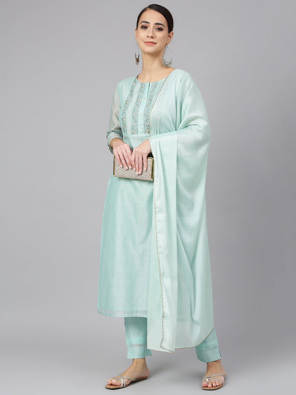 Janasya Women's Sea Blue Chanderi Silk Solid Kurta With Pant And Dupatta - Distacart