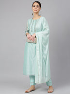 Janasya Women's Sea Blue Chanderi Silk Solid Kurta With Pant And Dupatta - Distacart