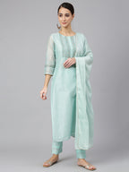 Janasya Women's Sea Blue Chanderi Silk Solid Kurta With Pant And Dupatta - Distacart