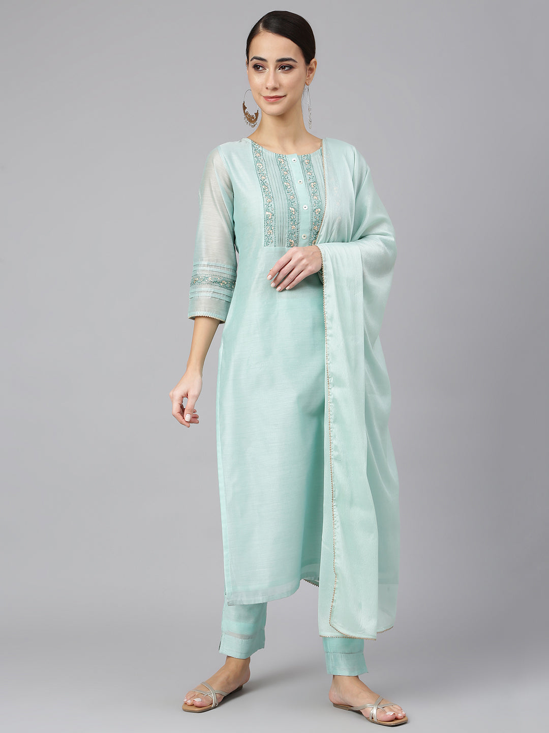 Janasya Women's Sea Blue Chanderi Silk Solid Kurta With Pant And Dupatta - Distacart