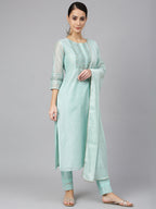 Janasya Women's Sea Blue Chanderi Silk Solid Kurta With Pant And Dupatta - Distacart