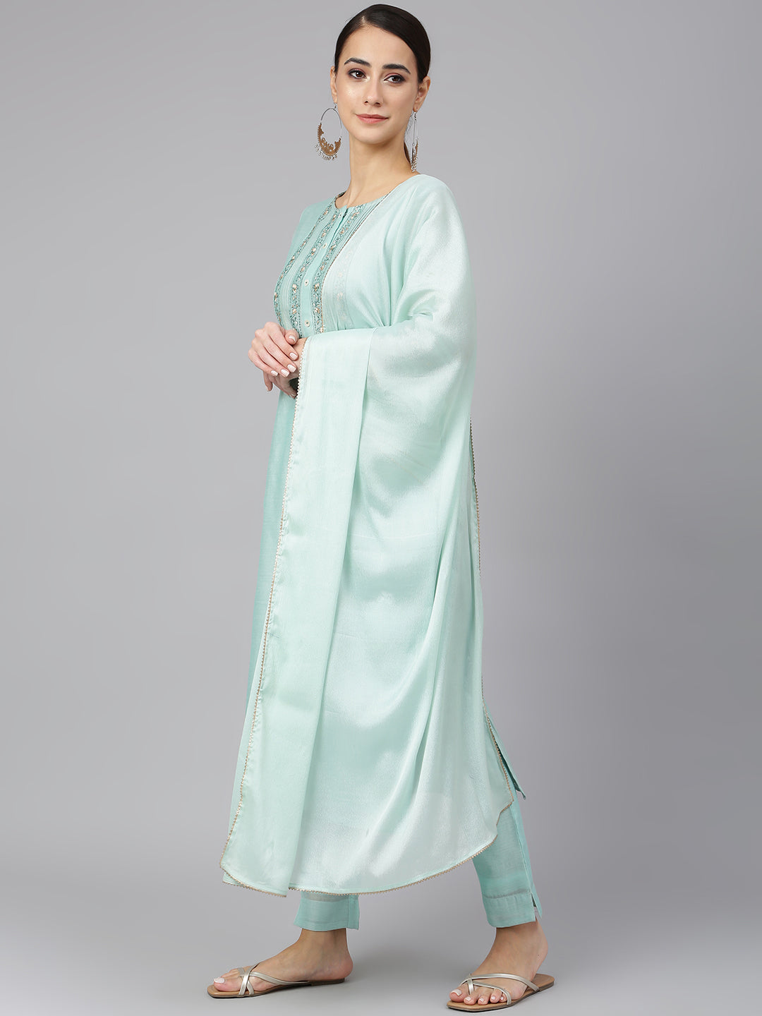 Janasya Women's Sea Blue Chanderi Silk Solid Kurta With Pant And Dupatta - Distacart