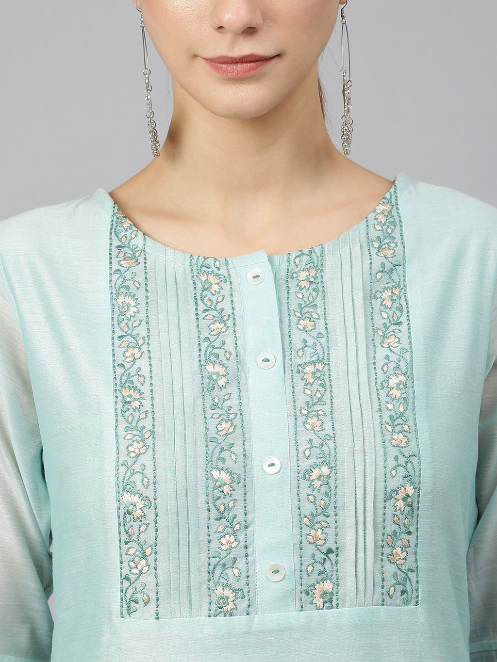 Janasya Women's Sea Blue Chanderi Silk Solid Kurta With Pant And Dupatta - Distacart