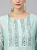 Janasya Women's Sea Blue Chanderi Silk Solid Kurta With Pant And Dupatta - Distacart