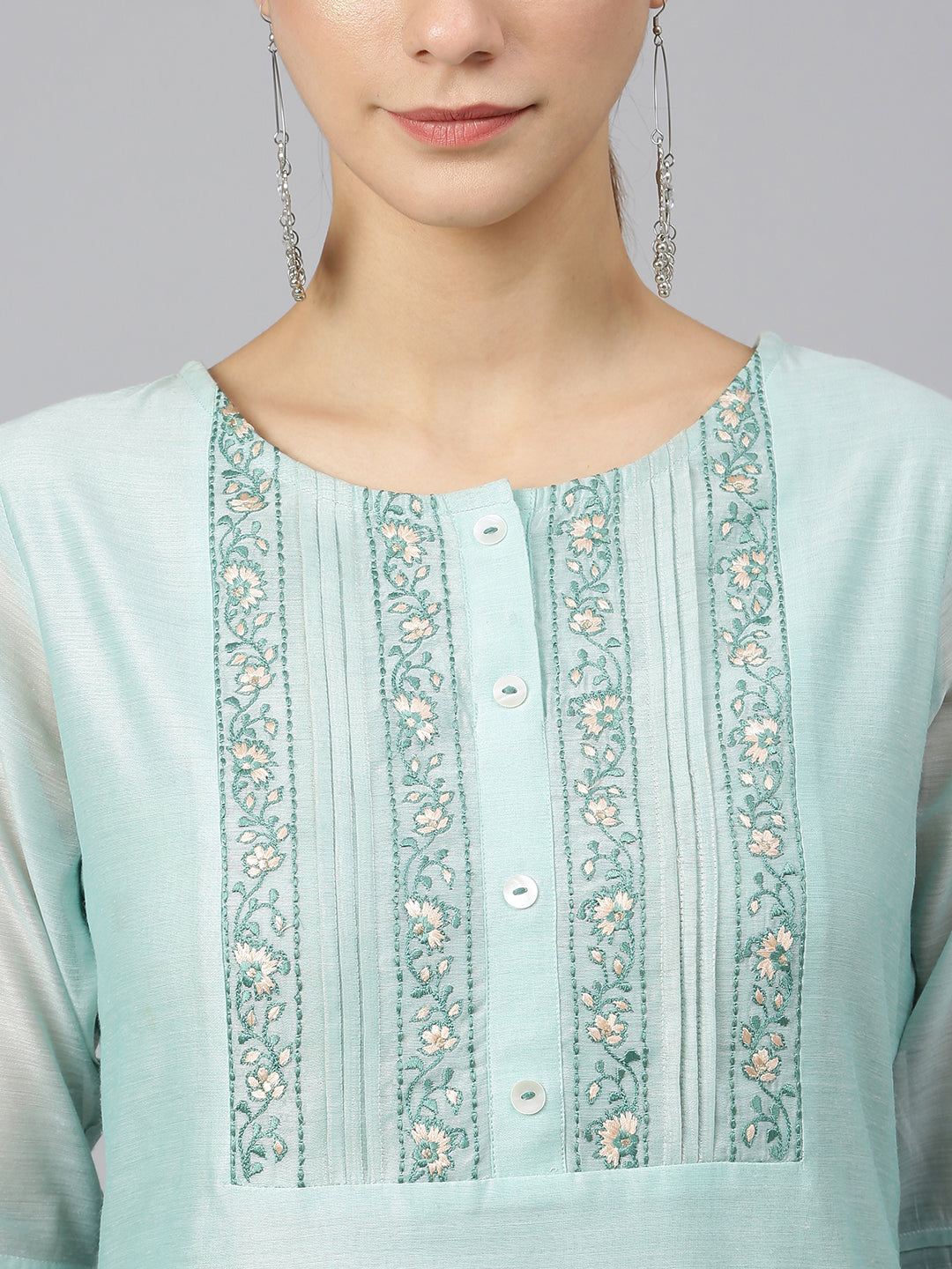 Janasya Women's Sea Blue Chanderi Silk Solid Kurta With Pant And Dupatta - Distacart
