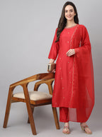 Janasya Women's Red Chinon Solid Straight Festive Kurta Set - Distacart