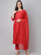 Janasya Women's Red Chinon Solid Straight Festive Kurta Set - Distacart