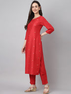 Janasya Women's Red Chinon Solid Straight Festive Kurta Set - Distacart