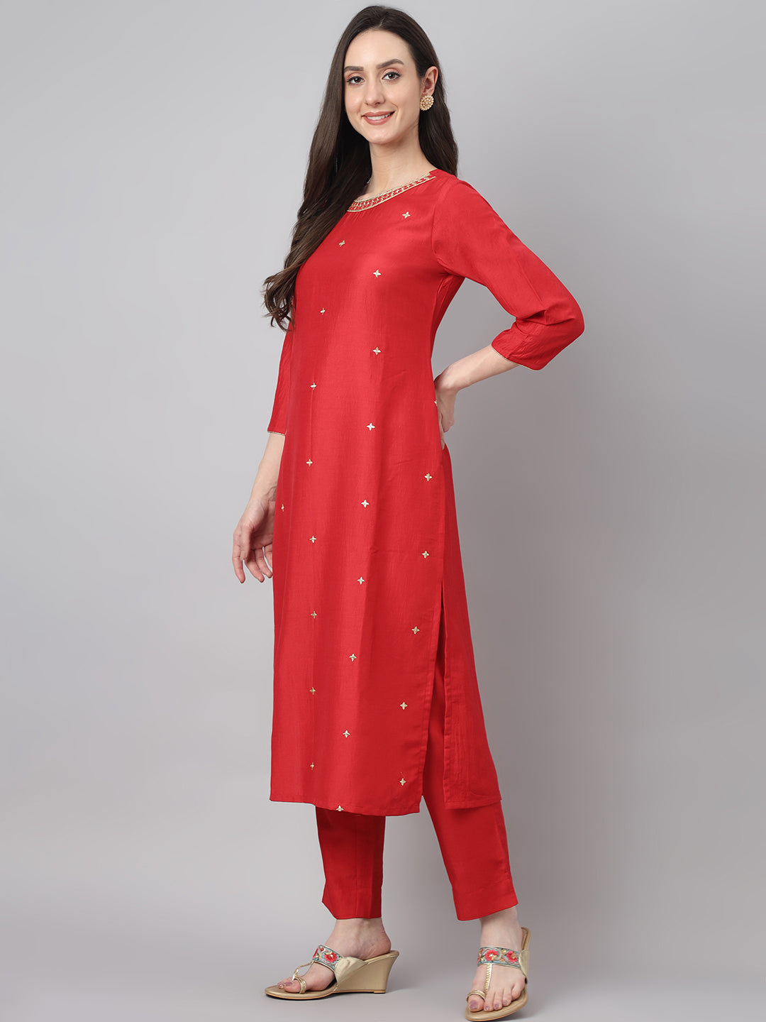 Janasya Women's Red Chinon Solid Straight Festive Kurta Set - Distacart