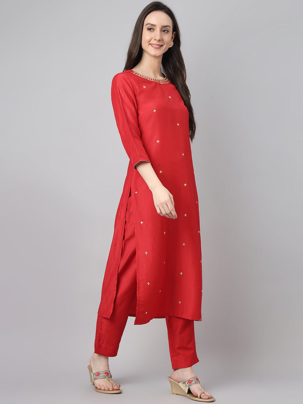 Janasya Women's Red Chinon Solid Straight Festive Kurta Set - Distacart
