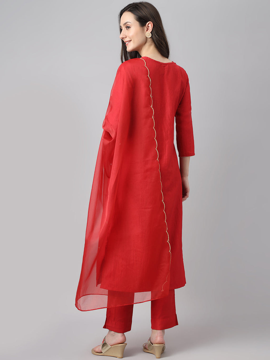 Janasya Women's Red Chinon Solid Straight Festive Kurta Set - Distacart