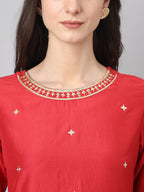 Janasya Women's Red Chinon Solid Straight Festive Kurta Set - Distacart