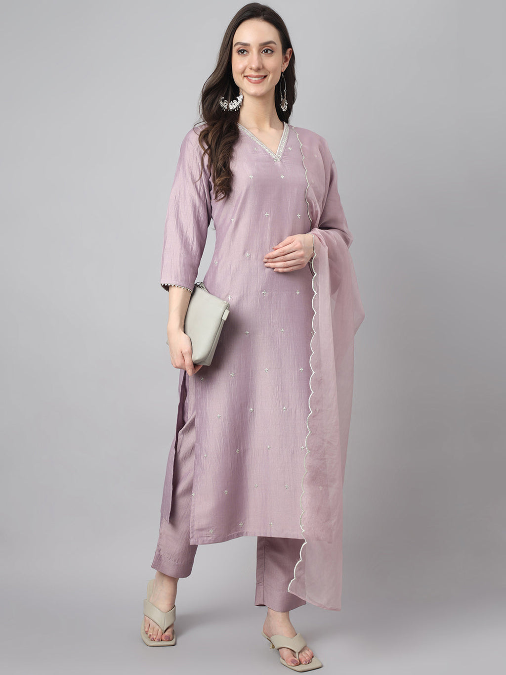 Janasya Women's Lavender Chinon Solid Straight Festive Kurta Set