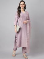 Janasya Women's Lavender Chinon Solid Straight Festive Kurta Set