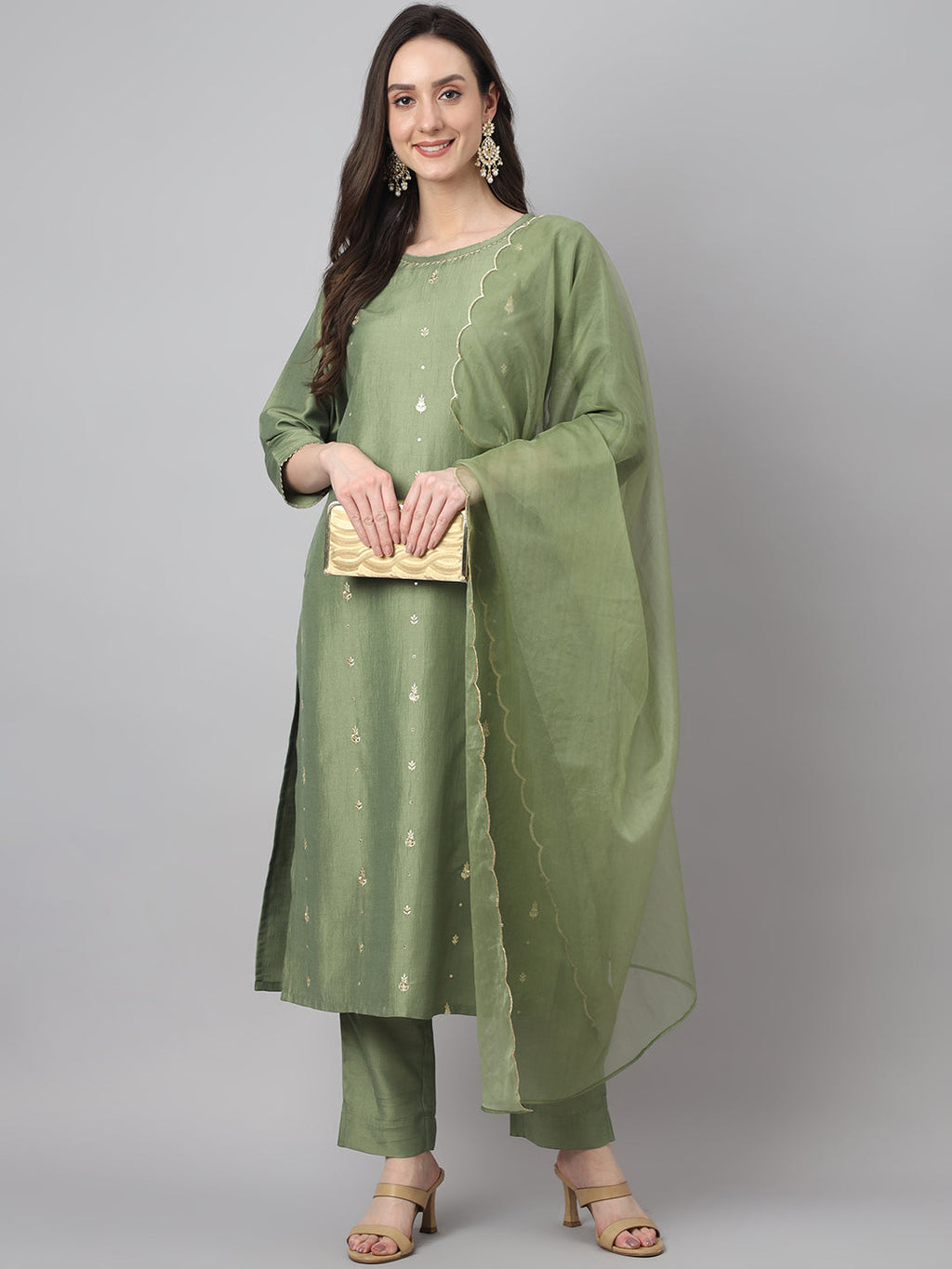Janasya Women's Green Chinon Solid Straight Festive Kurta Set