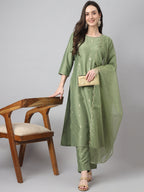 Janasya Women's Green Chinon Solid Straight Festive Kurta Set