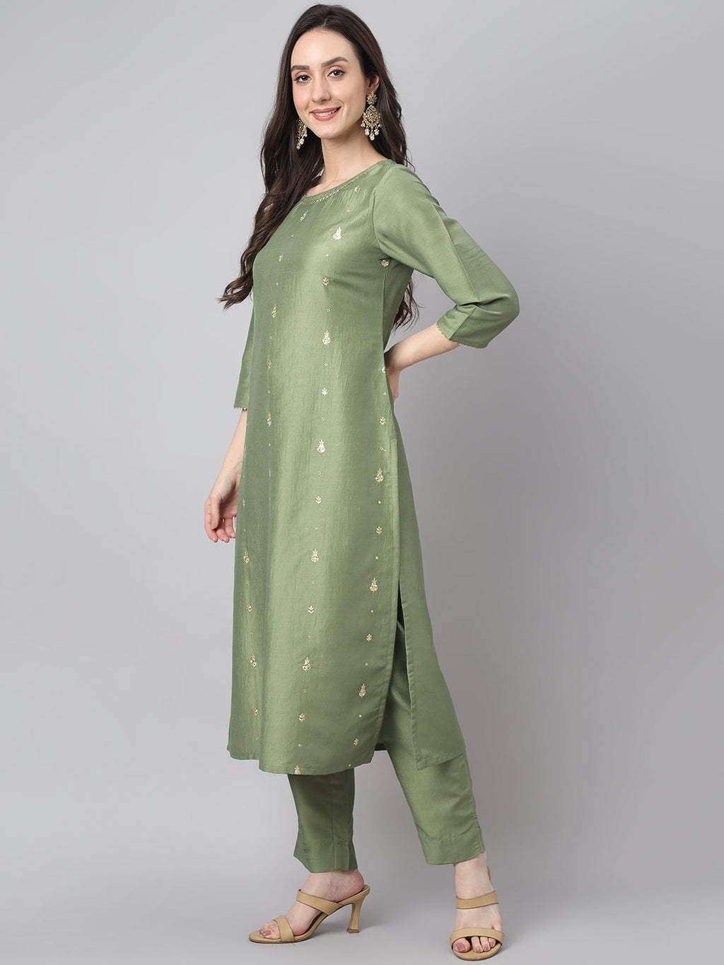 Janasya Women's Green Chinon Solid Straight Festive Kurta Set